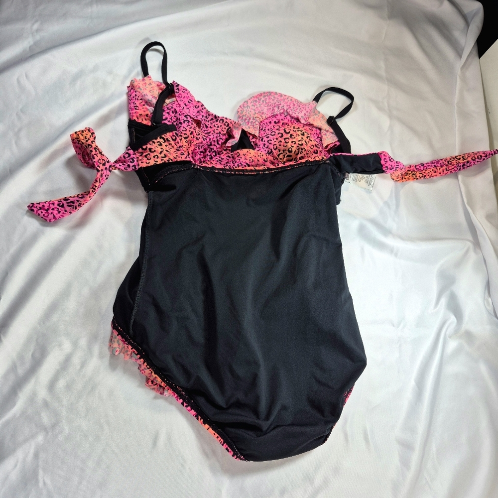 Coco Rave Neon Pink & Orange Leopard Ruffle One Piece Swimsuit XS/S - Picture 9 of 10